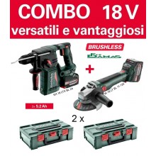 COMBO METABO 2 x 5,2 Ah 18V BRUSHLESS (MARTELLO PERFORATORE COMBINATO + SMERIGLIATRICE ANGOLARE)   